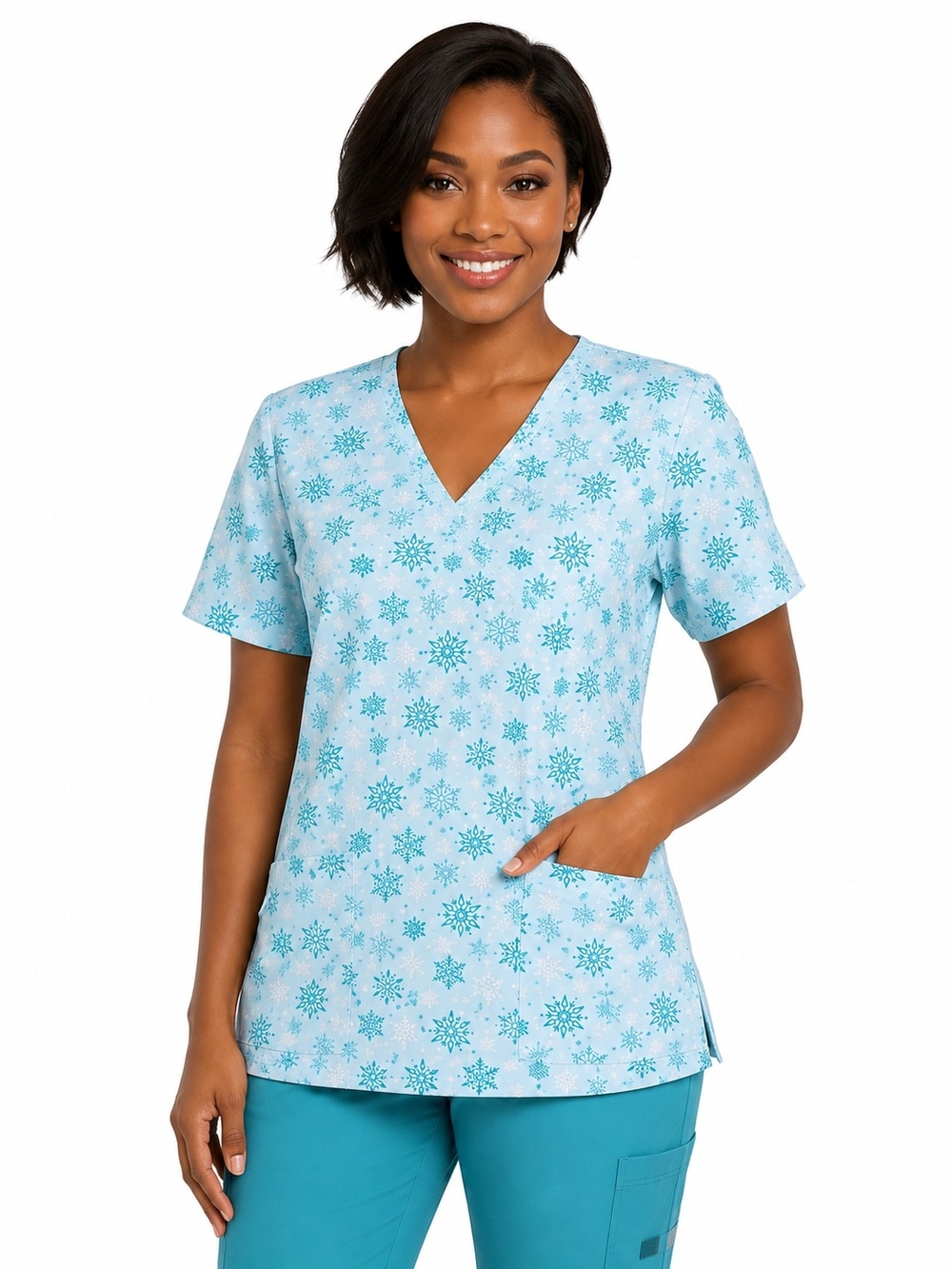 Light Blue Medical Scrub - Snowflake V-Neck Top - SIZE Large NWT - Picture 2 of 7